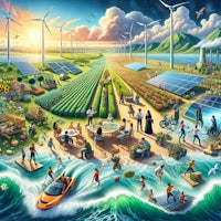 a painting of people in the ocean with wind turbines