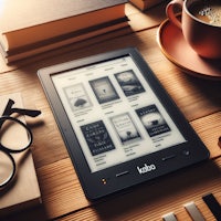 a kobo e-reader sits on a table next to a cup of coffee